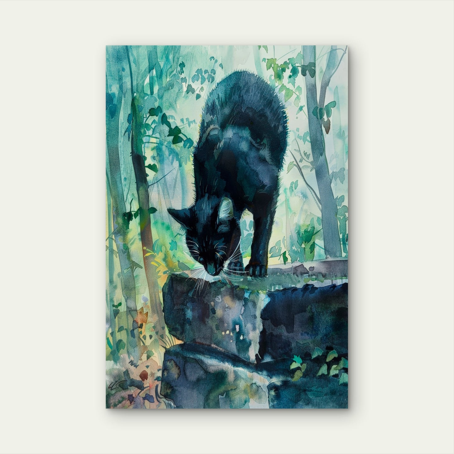 Black Cat on a Stone Wall in a Natural Setting 60x90cm Metal Print Ready to Hang