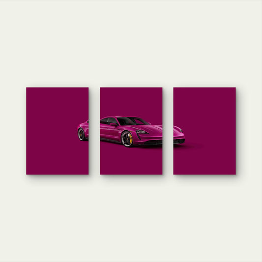 3pcs Magenta European Electric Supercar Metal Print Ready to Hang Art
