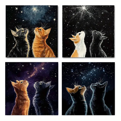 4pcs Whimsical Starry Night Cat Canvas Art Prints Wall Art Canvas Framed