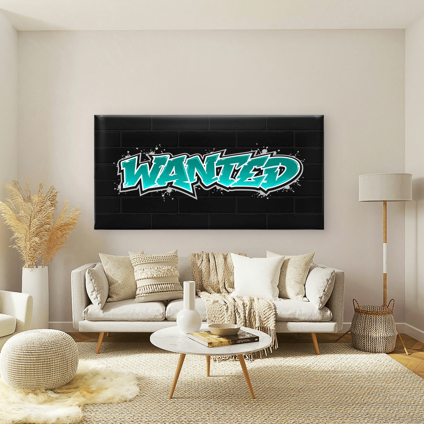Teal Wanted Graffiti Theme Wall Art Canvas Office Home Room Framed 120x60cm