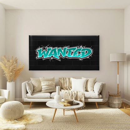 Teal Wanted Graffiti Theme Wall Art Canvas Office Home Room Framed 120x60cm