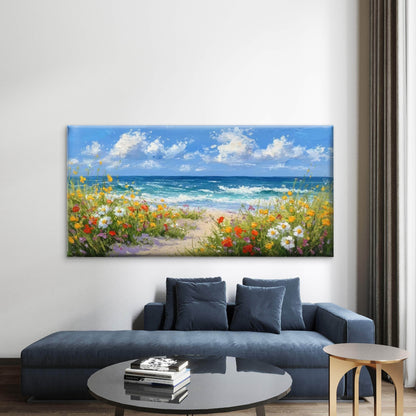 Sea & Floral Shoreline Wall Art Canvas Office Home Room Framed 120x60cm - Bella Home Decor
