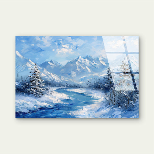 Blue Winter Snowy Mountain River Glass Printing Wall Art Australian Made Quality