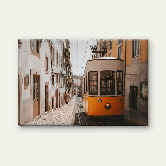 Yellow Tram in Cobblestone Street, Lisbon, Portugal Neutral Vintage Wall Art Decor 100% Australian Made