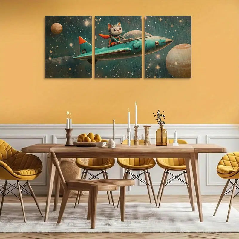 3pcs Whimsical Anthropomorphic Cat in Spaceship Metal Print Ready to Hang Art