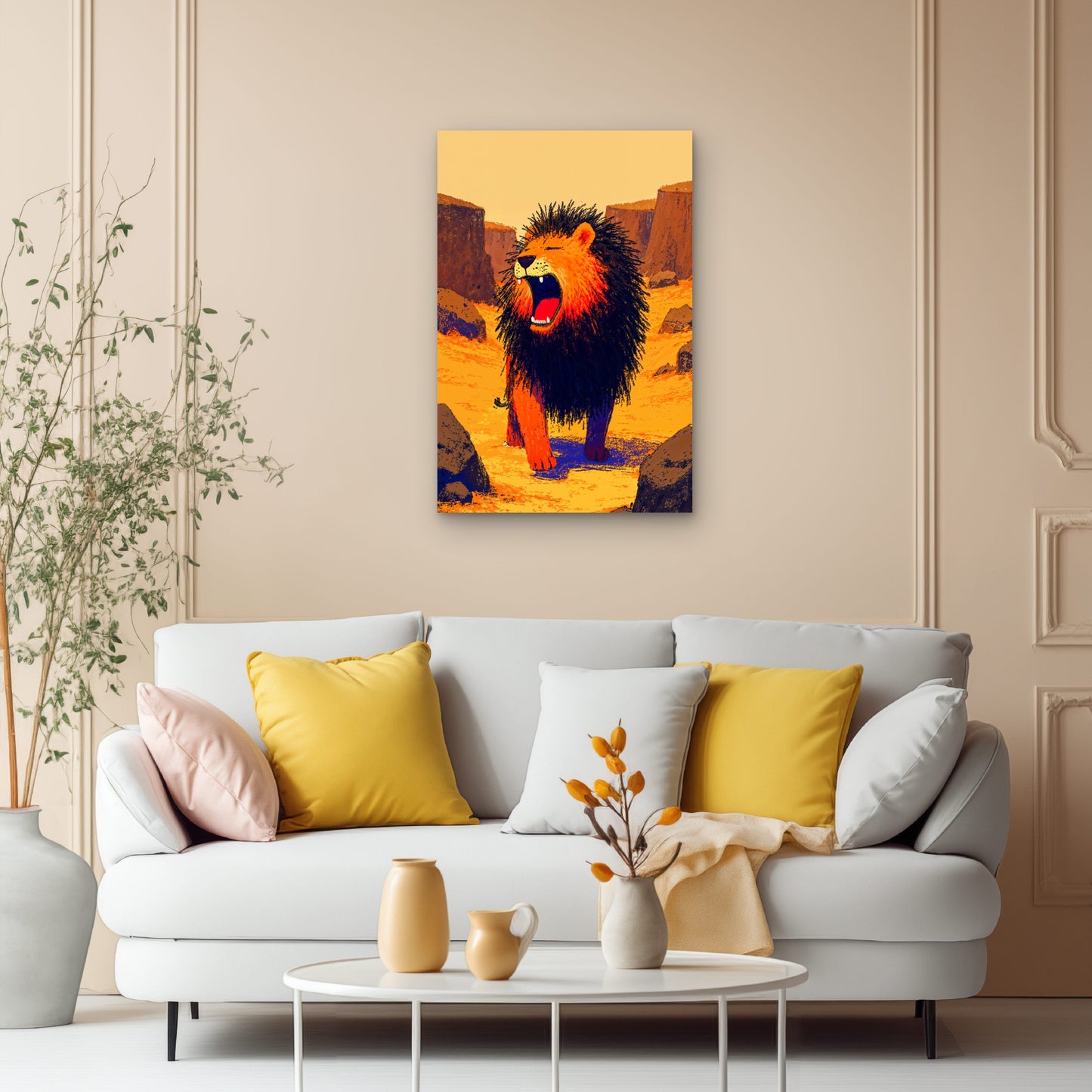 Male Lion with Dark Mane Roaring in Desert 60x90cm Metal Print Ready to Hang