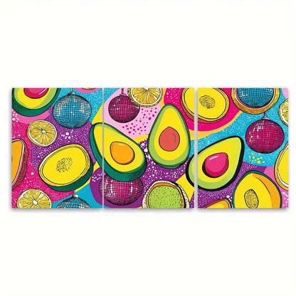 3pcs Vibrant Disco Ball Avocado Funky Fruit Wall Art Set Canvas Framed 40x60cm - High Quality Print 100% Australian Made Wall Canvas Ready to Hang
