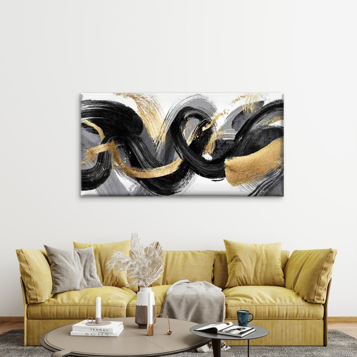 Abstract Black White Swirls Wall Art Canvas Office Home Room Framed 120x60cm - Bella Home Decor