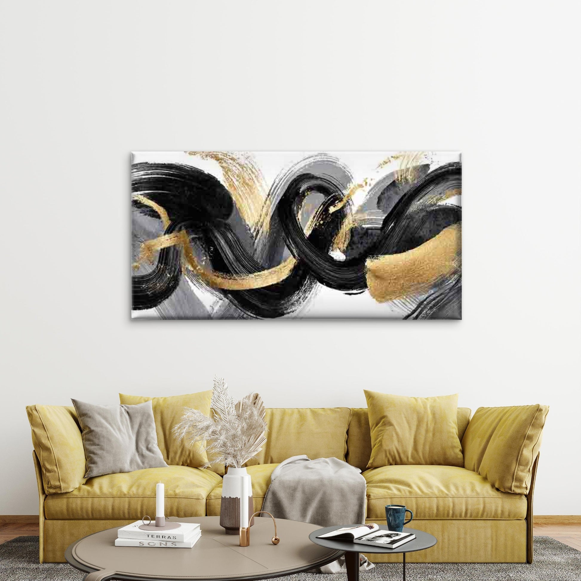 Abstract Black White Swirls Wall Art Canvas Office Home Room Framed 120x60cm - Bella Home Decor