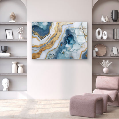Blue Teal Gold Agate Marble Acrylic Glass Printing Wall Art Australian Made Quality