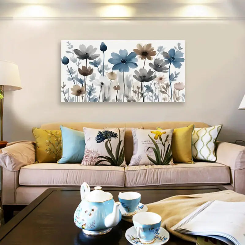 Indigo Brown Gray Flower Wall Art canvas office home room framed 120x60cm - Bella Home Decor