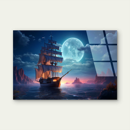 Sailing Ship Full Moon Night Glass Printing Wall Art Australian Made Quality