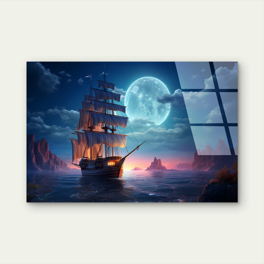 Sailing Ship Full Moon Night Glass Printing Wall Art Australian Made Quality