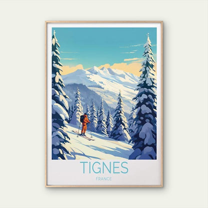 Tignes France, Man Skiing and Pine Trees Travel Poster Print Wall Art - Bella Home Decor