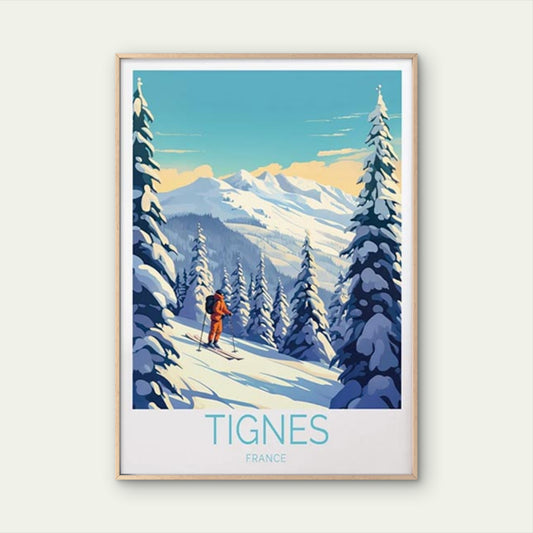 Tignes France, Man Skiing and Pine Trees Travel Poster Print Wall Art - Bella Home Decor