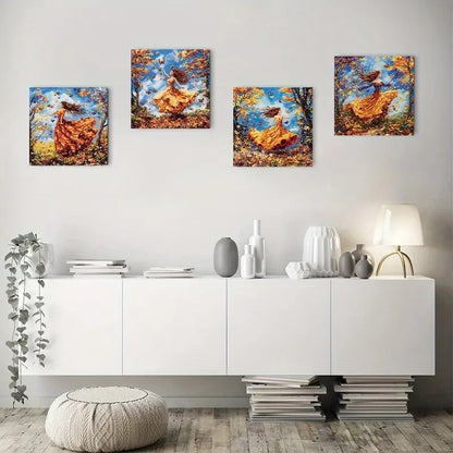 4pcs Dancing Woman In Yellow Dress With Autumn Wall Art Canvas Framed