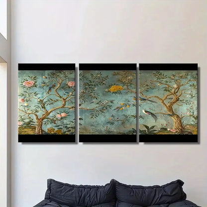 3pcs Antique Chinoiserie Bird & Flower Painting Metal Print Ready to Hang Art - Bella Home Decor