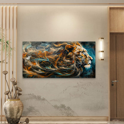 Golden Lion Roaring Energy Wall Art Canvas Office Home Room Framed 120x60cm