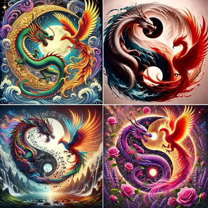 4pcs Dragon And Phoenix Animal Wall Art Canvas Framed