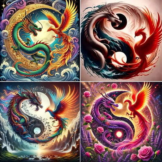 4pcs Dragon And Phoenix Animal Wall Art Canvas Framed