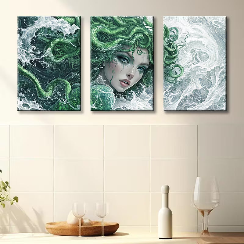 3pcs Green Beautiful Medusa Wall Art Set Canvas Framed 40x60cm - High Quality Print 100% Australian Made Wall Canvas Ready to Hang