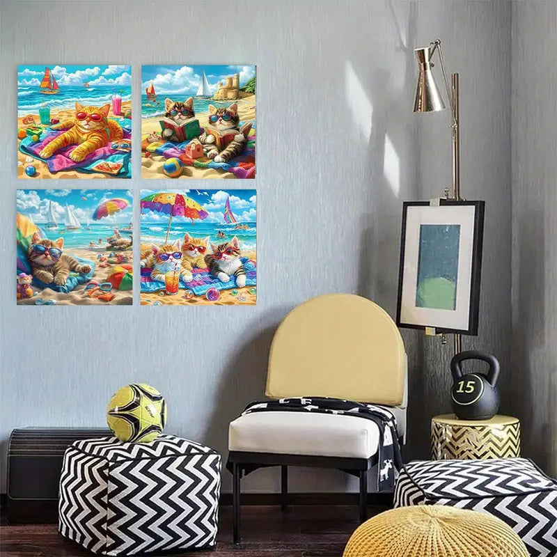 4pcs Kittens in Fashion Glasses  Wall Art Canvas Framed