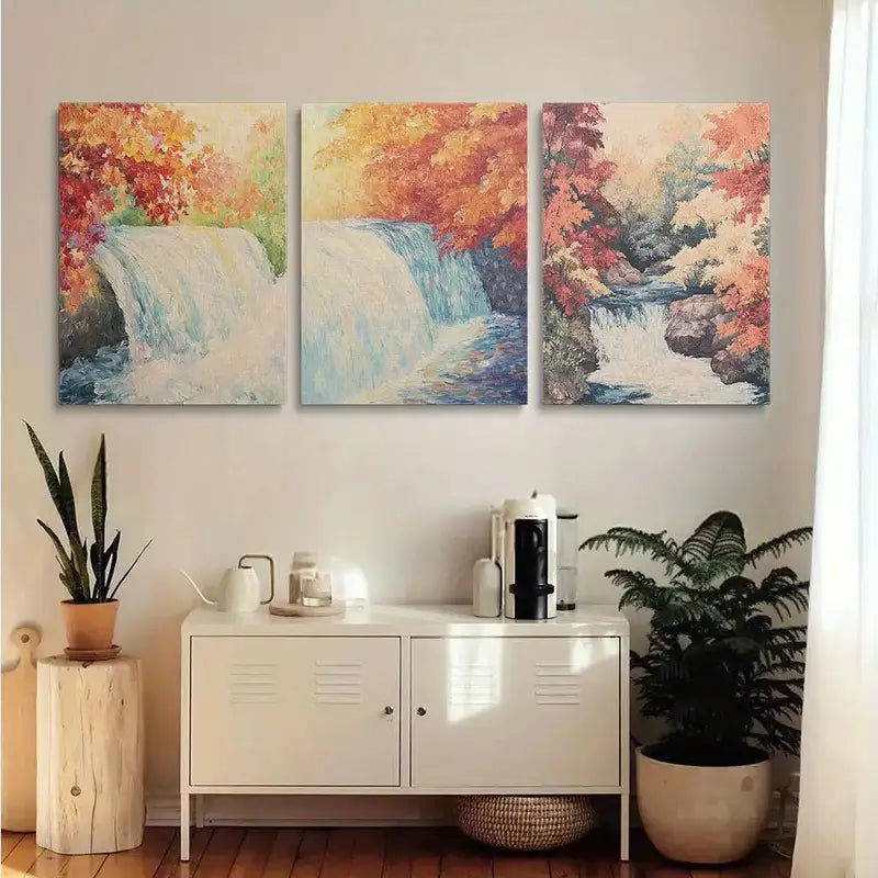 3pcs Autumn Waterfall Canvas Wall Art Metal Print Ready to Hang Art - Bella Home Decor
