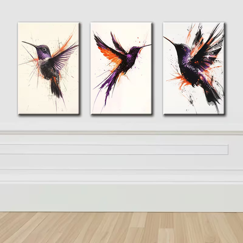 3pcs Purple and Black Hummingbird Bird Paintings Wall Art Set Canvas Framed 40x60cm - High Quality Print 100% Australian Made Wall Canvas Ready to Hang