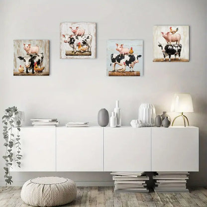 4pcs Cow Pig Sheep & Rooster Decor Wall Art Canvas Framed