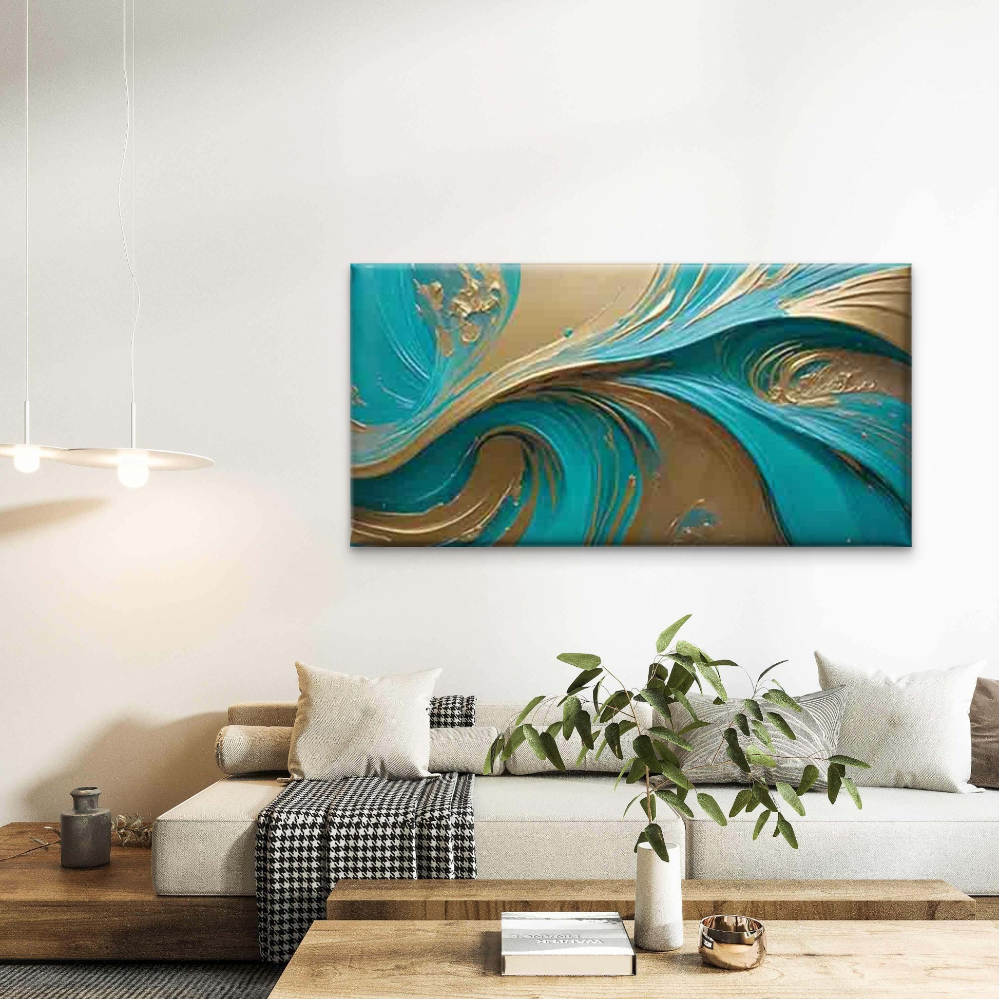 Blue and Golden Abstract Wall Art Canvas Office Home Room Framed 120x60cm - Bella Home Decor