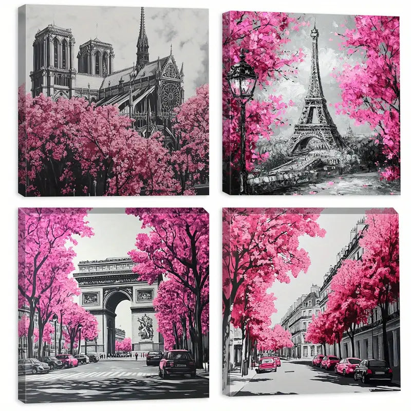 4pcs Pink Trees Eiffel Tower  Wall Art Canvas Framed