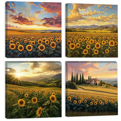4pcs Sunflower Fields, Mountain Scenes  Wall Art Canvas Framed