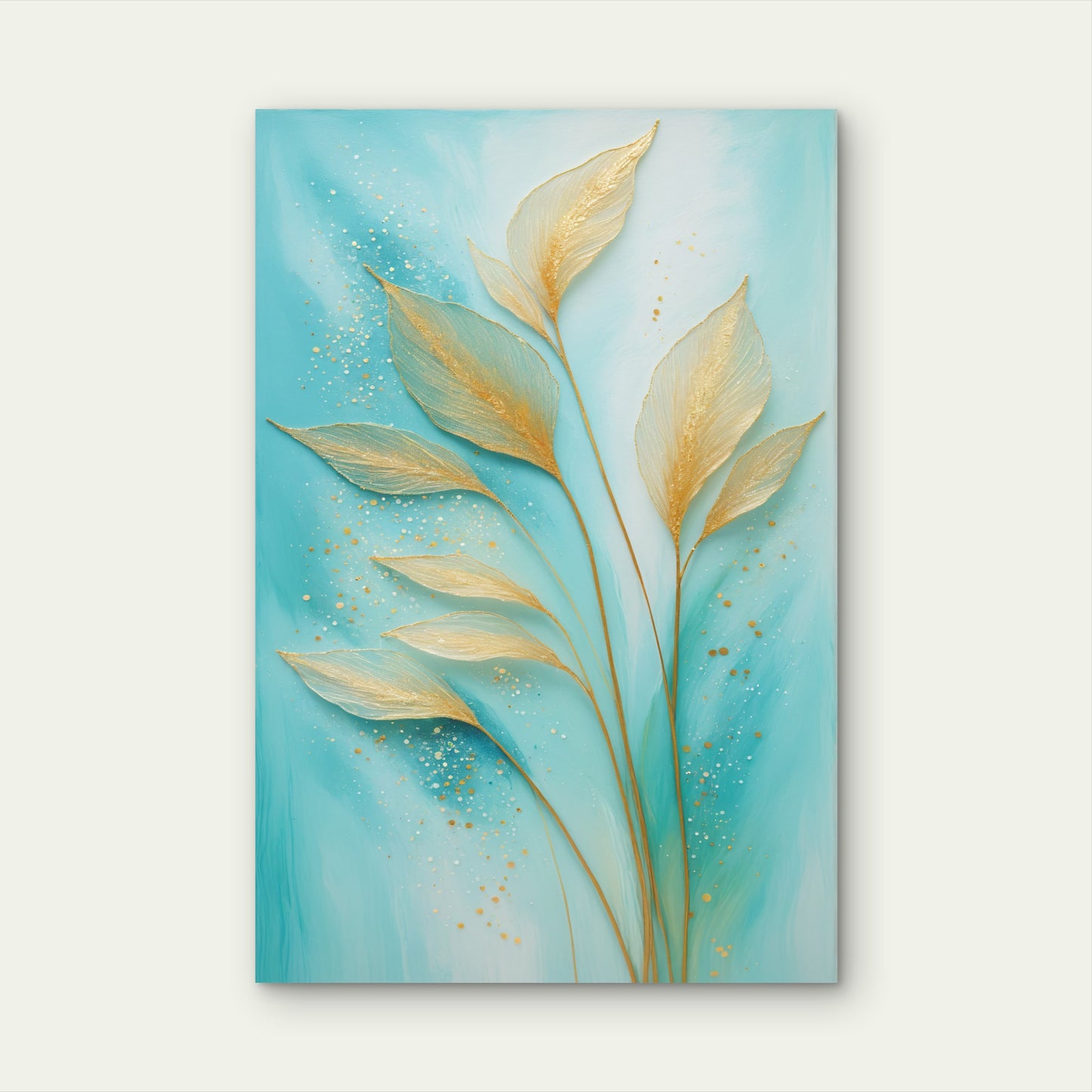 Teal Turquoise Gold Leaf Botanical Branch 40x60cm Metal Print Ready to Hang