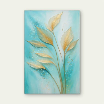 Teal Turquoise Gold Leaf Botanical Branch 40x60cm Metal Print Ready to Hang