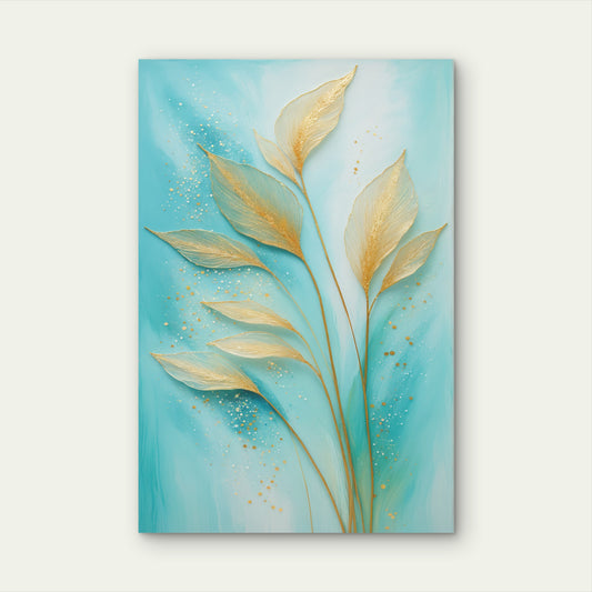 Teal Turquoise Gold Leaf Botanical Branch 40x60cm Metal Print Ready to Hang