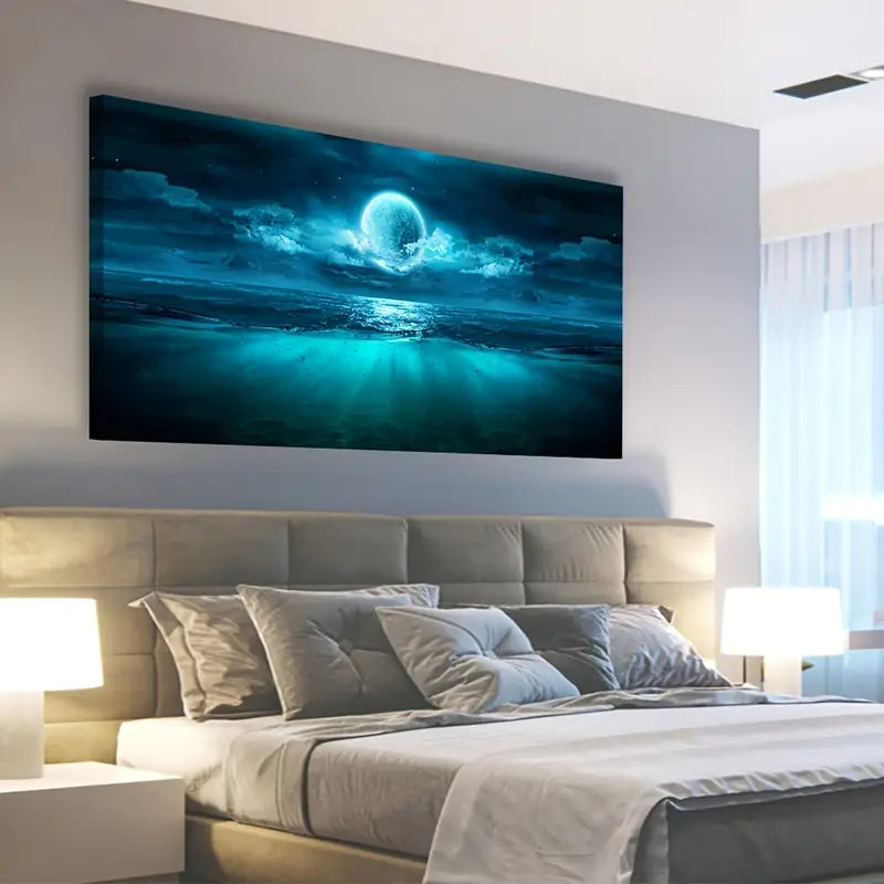 Moon Sea Blue Seascape Night Sky Wall Art canvas office home room framed 120x60cm - Bella Home Decor