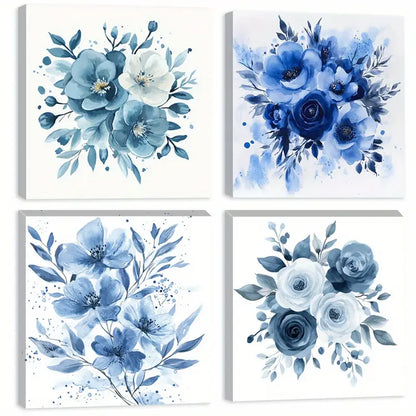 4pcs  Blue And White Palette Watercolor BD Wall Art Canvas Framed