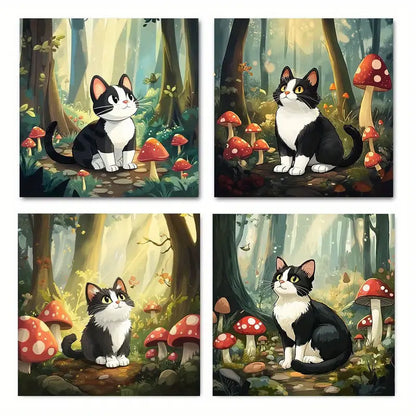 4pcs  Whimsical Forest Cat & Mushroom  ty     Wall Art Canvas Framed