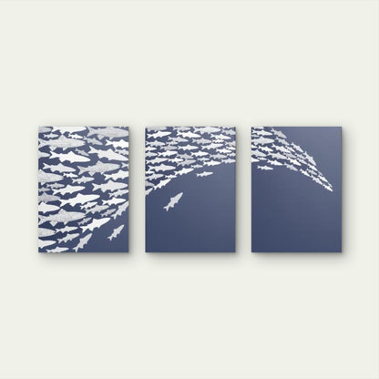 3pcs Coastal Blue Shoal Of Fish Abstract Wall Art Set Canvas Framed 60x90cm - High Quality Print 100% Australian Made Wall Canvas Ready to Hang - Bella Home Decor