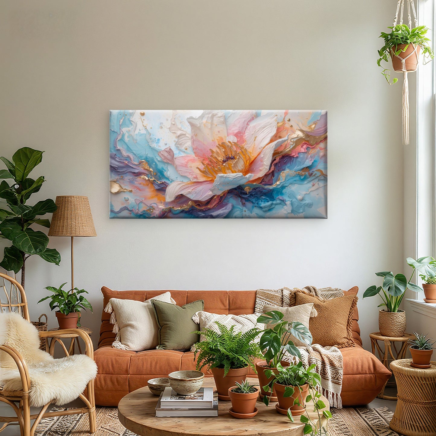 Pink Water Lily Gold Impasto Wall Art Canvas Office Home Room Framed 120x60cm