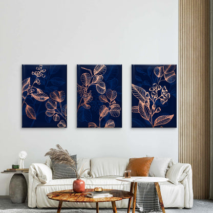 3pcs Botanical Eucalyptus Leaves Navy Rose Gold    Wall Art Set Canvas Framed 60x90cm - High Quality Print 100% Australian Made Wall Canvas Ready to Hang