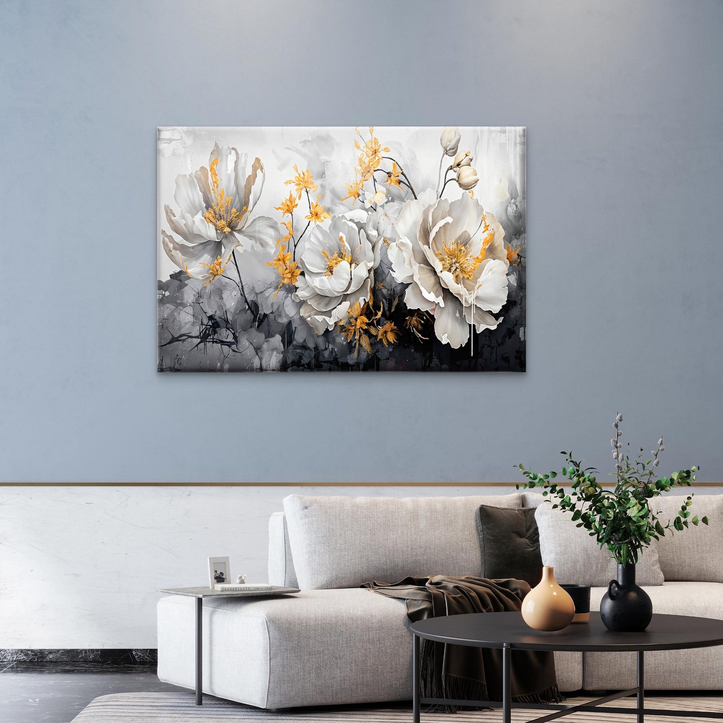 Black Golden Touched White Flowers Wall Art Decor 100% Australian Made