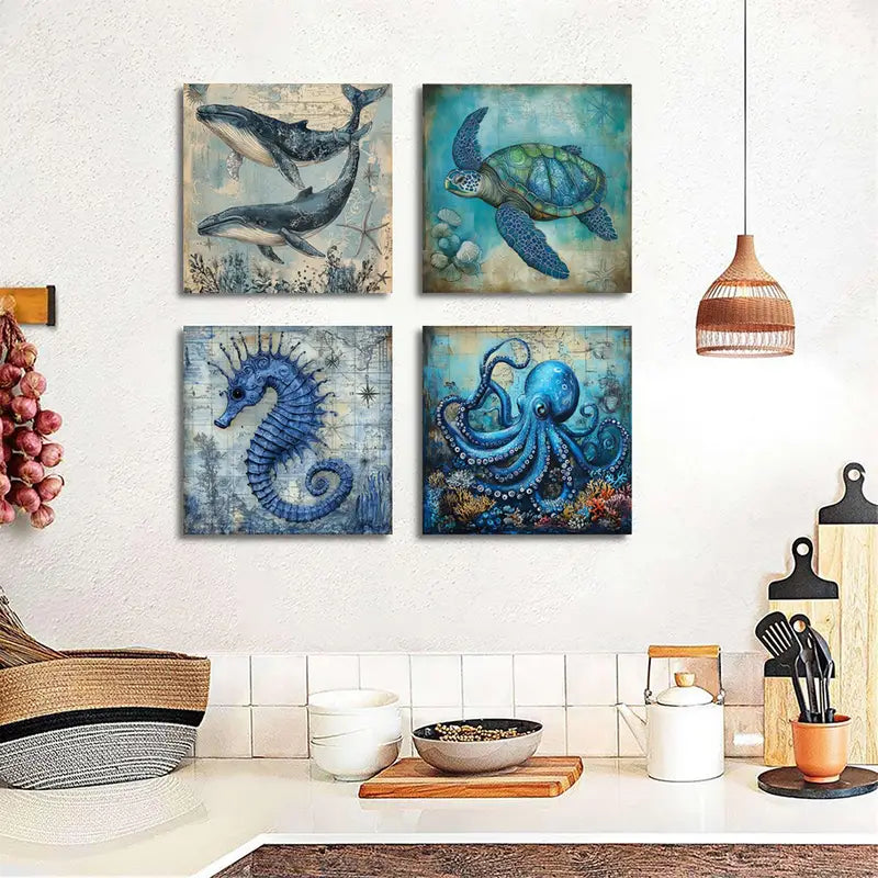 4pcs Sea Animals  Wall Art Canvas Framed