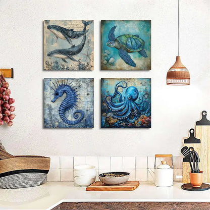 4pcs Sea Animals  Wall Art Canvas Framed