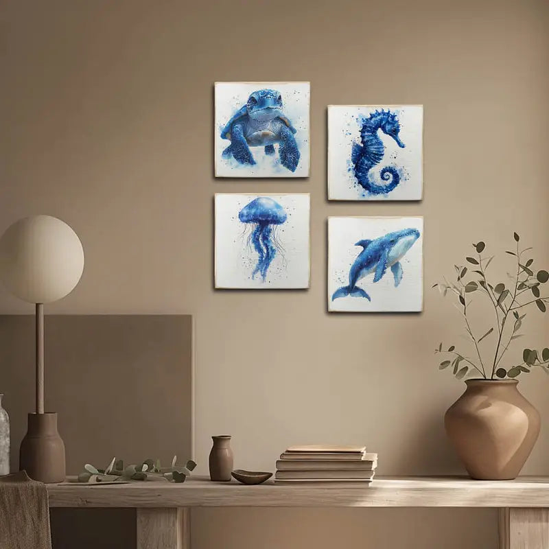 4pcsTurtle,Sea hourse,Jellyfish,Whale Wall Art Canvas Framed