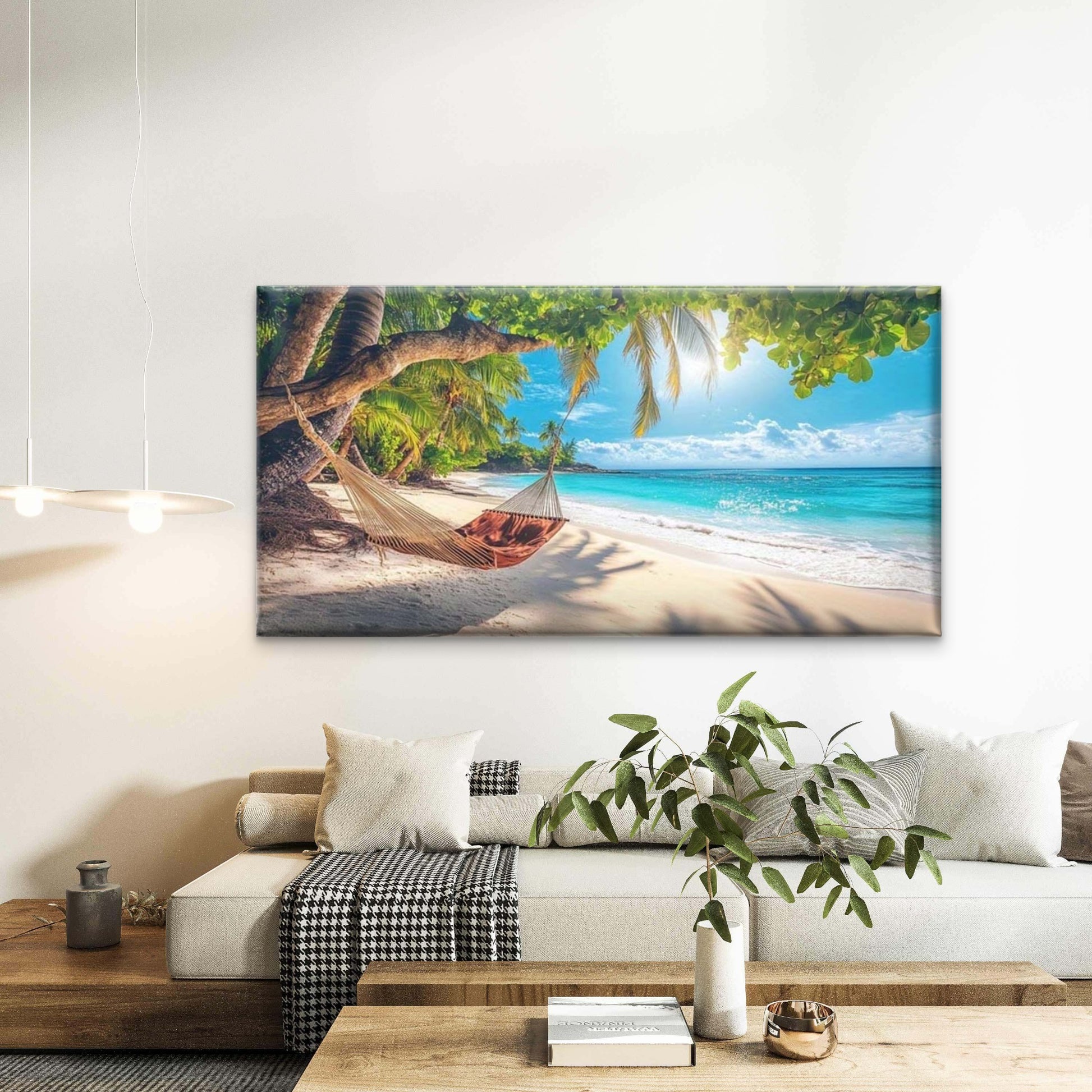 Hammock Tropical Paradise Sea Wall Art Canvas Office Home Room Framed 120x60cm - Bella Home Decor