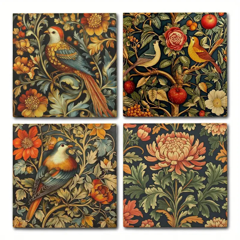 4pcs Vibrant Nature Floral & Bird Designs Wall Art Canvas Framed