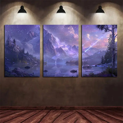 3pcs Serene Lake & Starry Night Scene With Mountas Metal Print Ready to Hang Art
