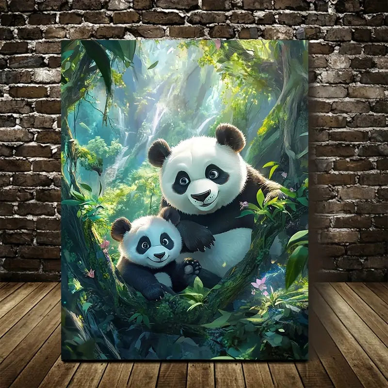 Cartoon Pandas in Magical Forest with Cinematic 40x60cm Metal Print Ready to Hang - Bella Home Decor