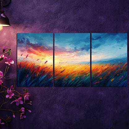 3pcs Vibrant Sunset Over a Field of Tall Grass Wall Art Set Canvas Framed 40x60cm - High Quality Print 100% Australian Made Wall Canvas Ready to Hang